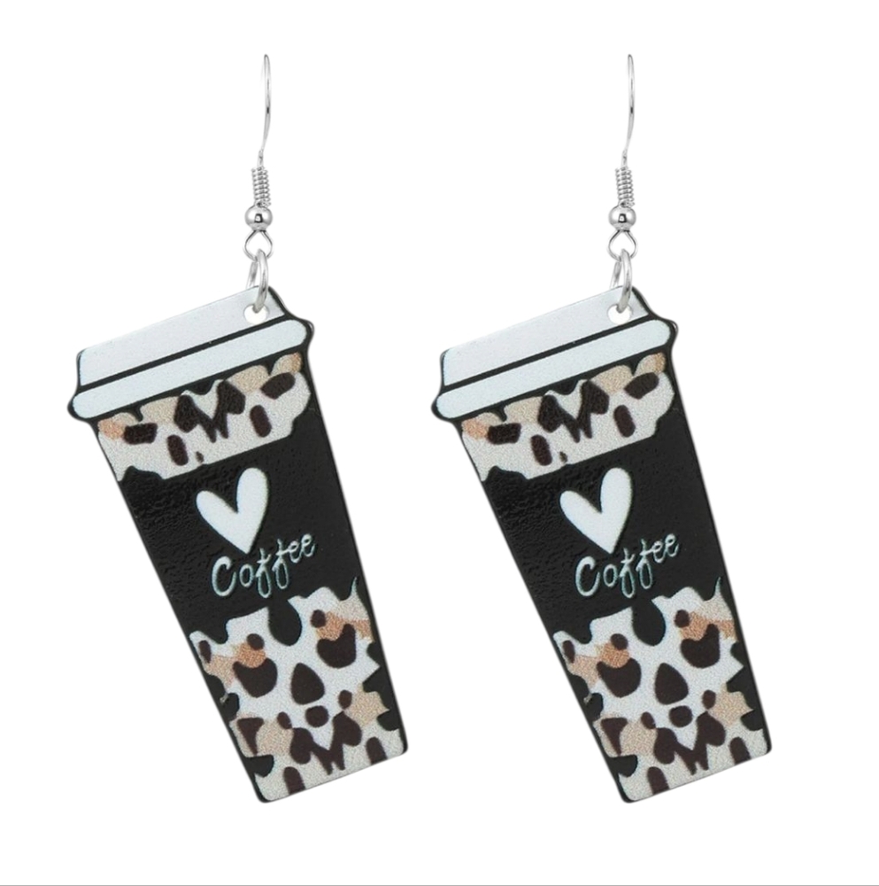 Dangle Drop Earrings Unisex‎ Coffee Cafe Latte Tea Cup Heart Leopard Black Bown